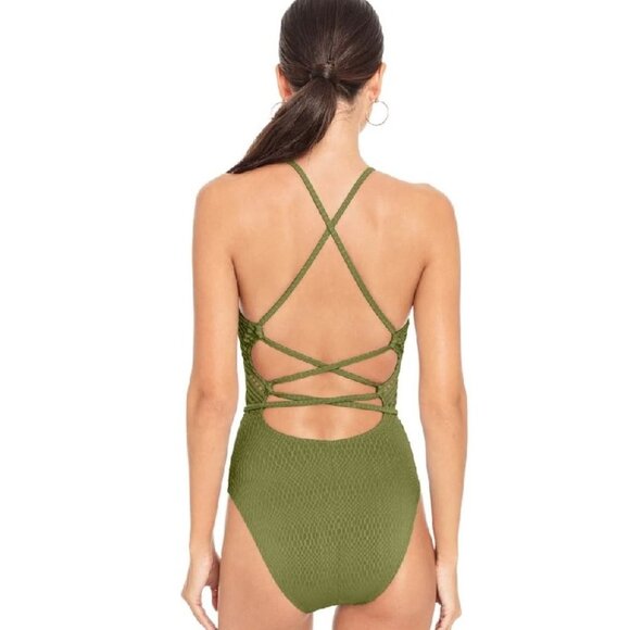ROBIN PICCONE Mixed Crochet High Neck Swimsuit - Picture 2 of 8